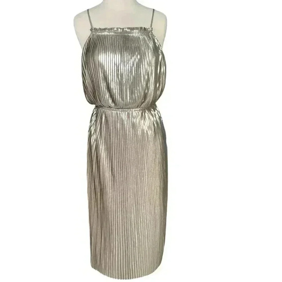 Banana Republic Metallic Pleated High Neck Strap Fit and Flare Dress Size 8 - Picture 10 of 16
